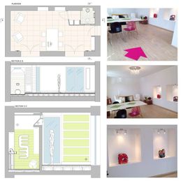 Planimetria e foto di un interno moderno con sedie colorate e decorazioni sulle mensole.