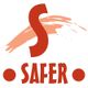 Logo mit großem rotem "S", geschwungenem Pinselstrich und dem Wort "SAFER" darunter.