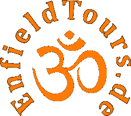 Schwarzes Logo mit orangefarbenem Om-Symbol und „EnfieldTours.de“ im Kreis.