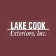 Logo of Lake Cook Exteriors, Inc. with white text on a maroon background.
