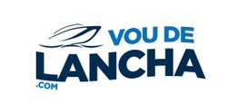 Logo "Vou de Lancha" com desenho de uma lancha estilizada à esquerda do texto azul.