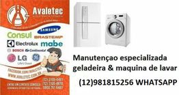 Cartaz de serviço de manutenção de geladeira e máquina de lavar com contatos e marcas atendidas.
