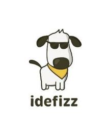 Ein Cartoon-Hund mit Sonnenbrille und gelbem Halstuch, darunter der Text "idefizz".