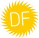 Gelbes Sonnen-Logo mit gezacktem Rand und den weißen Buchstaben "DF" in der Mitte.