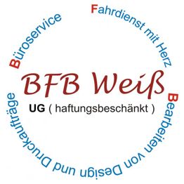 Logo mit Schriftzug "BFB Weiß", umgeben von Dienstleistungen wie Fahrdienst und Büroservice.