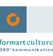 Logo mit orangenem Kreis auf blauem Quadrat und Text "informartculture 360° kommunikation".