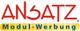Logo mit rotem Text "ANSATZ" und gelbem "Modul-Werbung" darauf, stilisiert und farbenfroh.