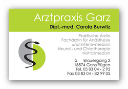 Arztpraxis Garz Visitenkarte mit Kontaktdaten und medizinischen Fachrichtungen.