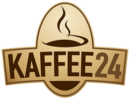 Logo mit der Aufschrift "KAFFEE 24" und einer Kaffeetasse im Hintergrund.