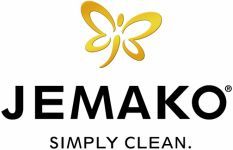 Logo von Jemako mit einem goldenen Schmetterling und dem Slogan "Simply Clean".