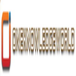 Logo with text: "ONEKNOWLEDGEWORLD" in stylized orange and red design.
