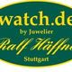 Grünes ovales Logo mit gelber Schrift: watch.de, Juwelier Ralf Häffner, Stuttgart.