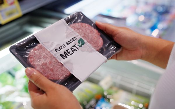 Frau hält ein alternatives Produkt für Fleisch in der Hand. Es handelt sich hierbei um plant-based Burger Pattys.