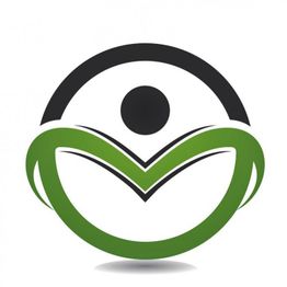 Abstraktes Logo mit grünem und schwarzem Element, das eine stilisierte Person darstellt.