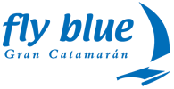 Logo azul con las palabras "fly blue Gran Catamarán" y una vela estilizada.