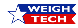 Star with blue and red bars, text: "WEIGH TECH."