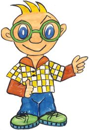 Kleiner Zeichentrickjunge mit Brille und karierter Bluse zeigt nach rechts und hebt den Daumen.