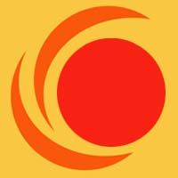 Abstraktes Logo: Roter Kreis mit zwei gebogenen, orangefarbenen Linien auf gelbem Hintergrund.