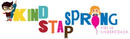 Kind Stap Sprong logo met vrolijke kinderen en een roze ballon.