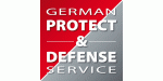 Logo mit Text: "German Protect & Defense Service", rotes und graues Design.