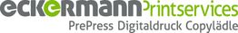 Logo: eckermanns, Printservices, PrePress, Digitaldruck, Copylädle in Grau und Grün.