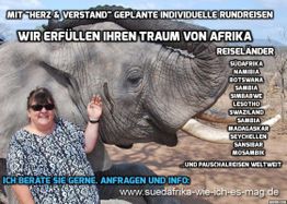 Frau posiert lächelnd neben einem Elefanten; Werbung für Afrikareisen mit aufgelisteten Reiseländern.