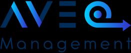 Logo en bleu et noir avec les mots "AVE Management" sur fond noir.