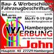 Werbeschild von "John Werbung" mit Öffnungszeiten und Kontaktinformationen in Hambergen.