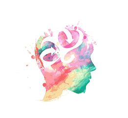 Perfil en acuarela de una cabeza con un cerebro blanco estilizado y coloridos salpicados.
