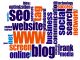 Word cloud with terms like SEO, website, blog, social, network, and technology.