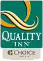 Quality Inn and Choice Hotels logo with gold swoosh on a green background.
