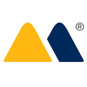Zwei sich berührende Dreiecke, links gelb, rechts blau, mit einem Markenzeichen-Symbol.