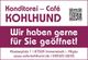 Schild des Cafés Kohlhund in Immenstadt mit Öffnungsankündigung und Kontaktinformationen.