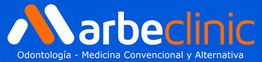 Logo de Marbeclinic, odontología y medicina convencional y alternativa, fondo azul.