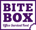 Logo von "BITE BOX" in lila mit Slogan "Office Survival Food".