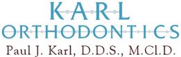Karl Orthodontics logo with braces design, featuring Paul J. Karl, D.D.S., M.Cl.D.