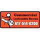 Cartoon stick figure holding a key, text: "Commercial Locksmith Boston, 617-514-0200."