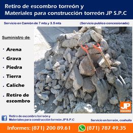 Montón de escombros con palas, información de contacto y servicios de materiales de construcción.