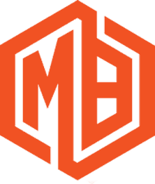 Orange MG logo with hexagonal shape and bold letters MB intertwined inside.