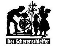 Scherenschleifer schärft Werkzeuge, während zwei Kinder zusehen. Text: "Der Scherenschleifer".