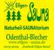 Eifgen-Sauna Logo mit Website, Telefonnummer und Facebook-Hinweis auf gelbem Hintergrund.