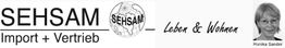 SEHSAM-Logo mit Text "Import + Vertrieb", "Leben & Wohnen" und Foto einer Person.