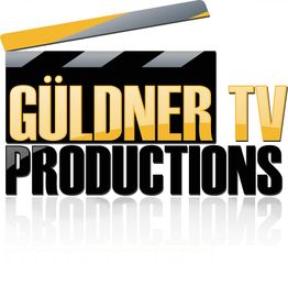 Logo mit Schriftzug: "GÜLDNER TV PRODUCTIONS" in gelb und schwarz, mit Filmklappe darüber.