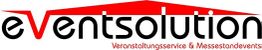 Logo mit Text: "eventsolution", rotes Dach-Design, "Veranstaltungsservice & Messestandevents".
