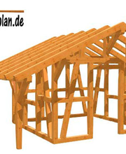 Holzrahmenkonstruktion für ein Gebäude, offenes Design mit Schrägdach, "holz-bauplan.de" Logo.