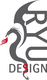 Logo mit drachenförmigem "R" und dem Schriftzug "RYU DESIGN". Rot und graue Farbtöne.