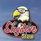 Eagle with goggles on "Skydive Store" logo, set against a blue sky background.