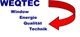 Text: WEQTEC, Schlagwörter: Window, Energie, Qualität, Technik, roter Pfeil nach rechts.