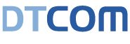 Logo mit dem Text "DTCOM" in blauem Farbverlauf.