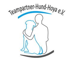 Umriss von Mensch und Hund mit Text "Teampartner-Hund-Hoya e.V." in Blau und Schwarz.